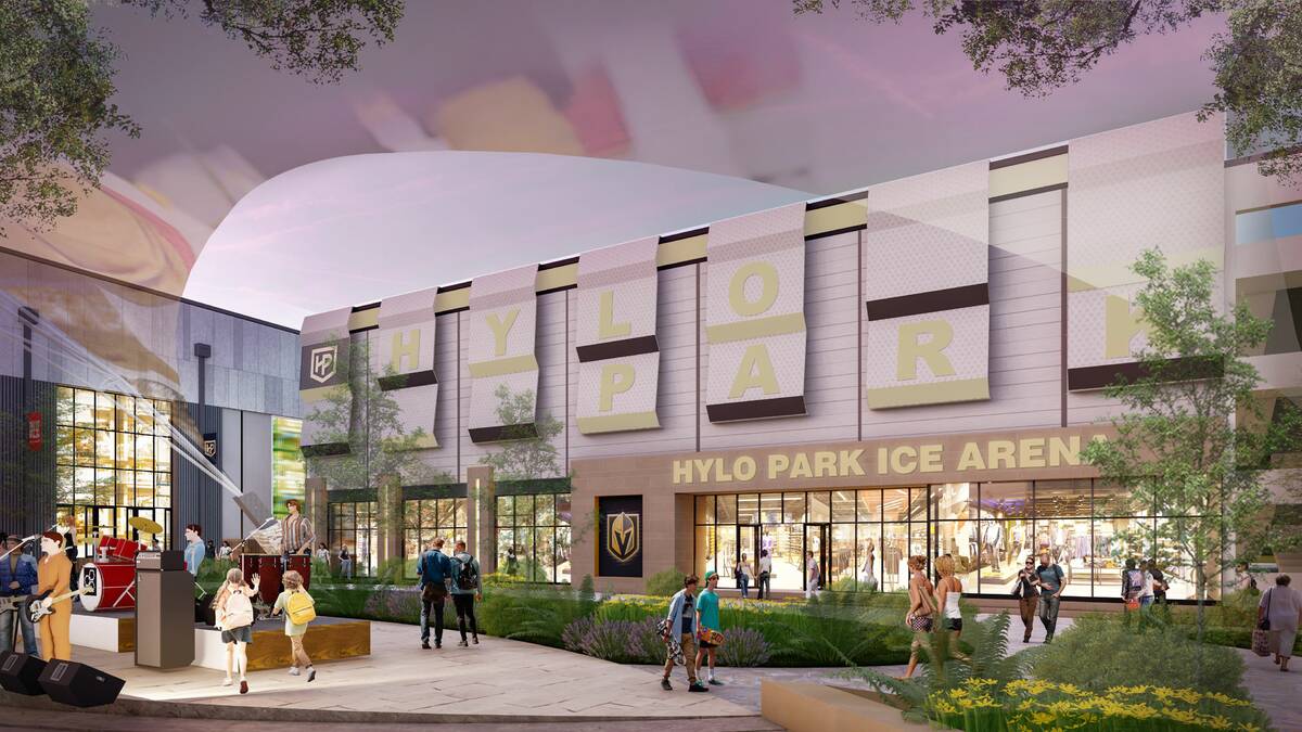 Rendering of the remodeled Hylo Park Ice Arena entrance with Vegas Golden Knights signage and people walking on a landscaped plaza in North Las Vegas
