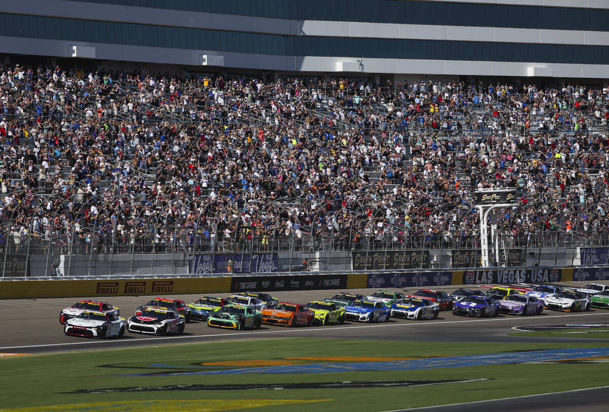 Drivers make the last lap around the track before the start of the South Point 400 NASCAR Cup S ...