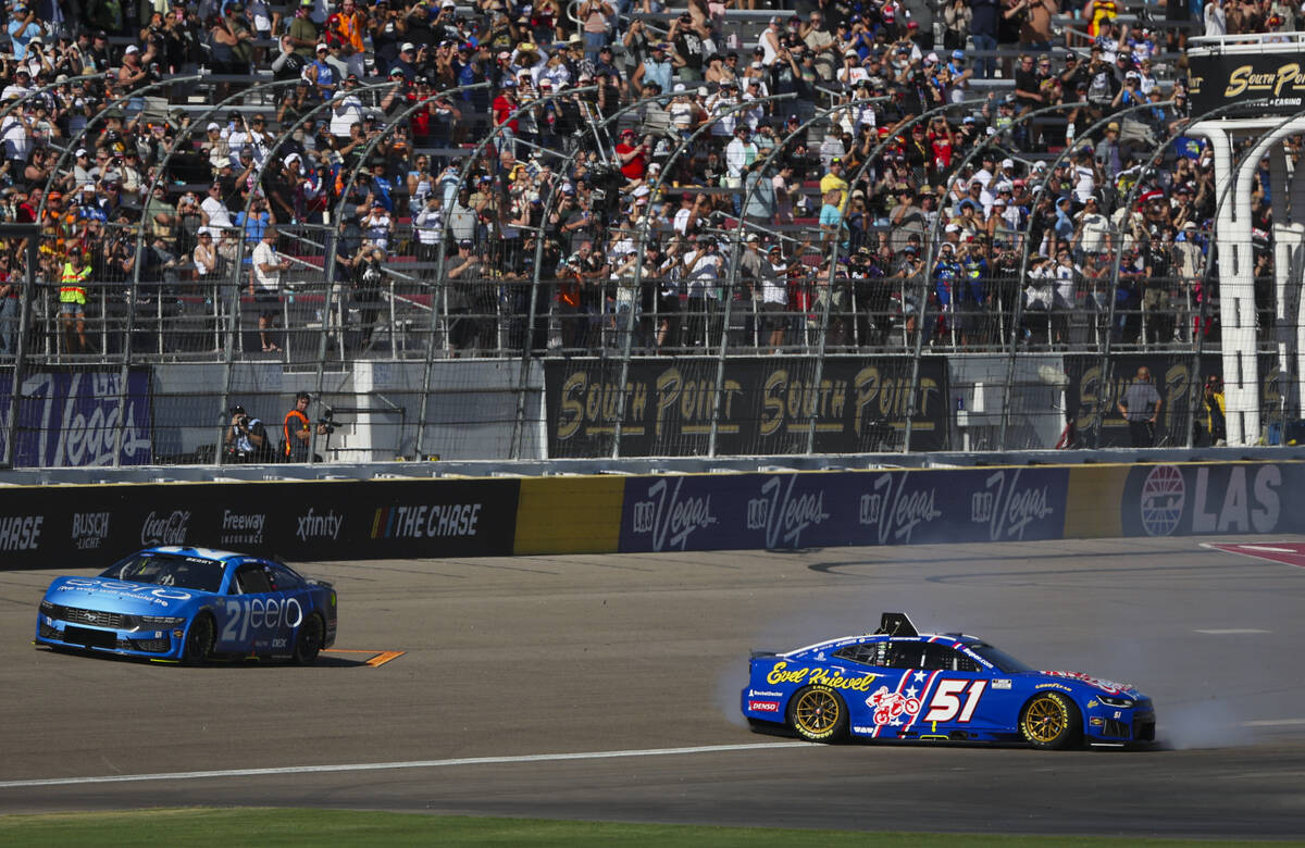 Driver Cody Ware (51) spins out at the start of the South Point 400 NASCAR Cup Series auto race ...