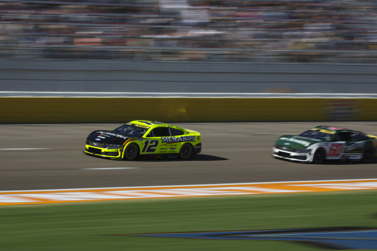 Driver Ryan Blaney (12) drives ahead of Ryan Preece (60) during the South Point 400 NASCAR Cup ...