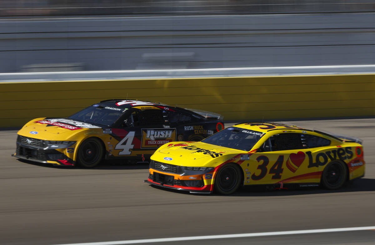 Drivers Noah Gragson (4) and Todd Gilliland (34) vie for position in the South Point 400 NASCAR ...