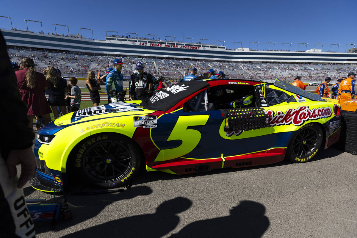 The car of Hendrick Motorsports driver Kyle Larson, sporting a Kyle Busch tribute paint scheme, ...